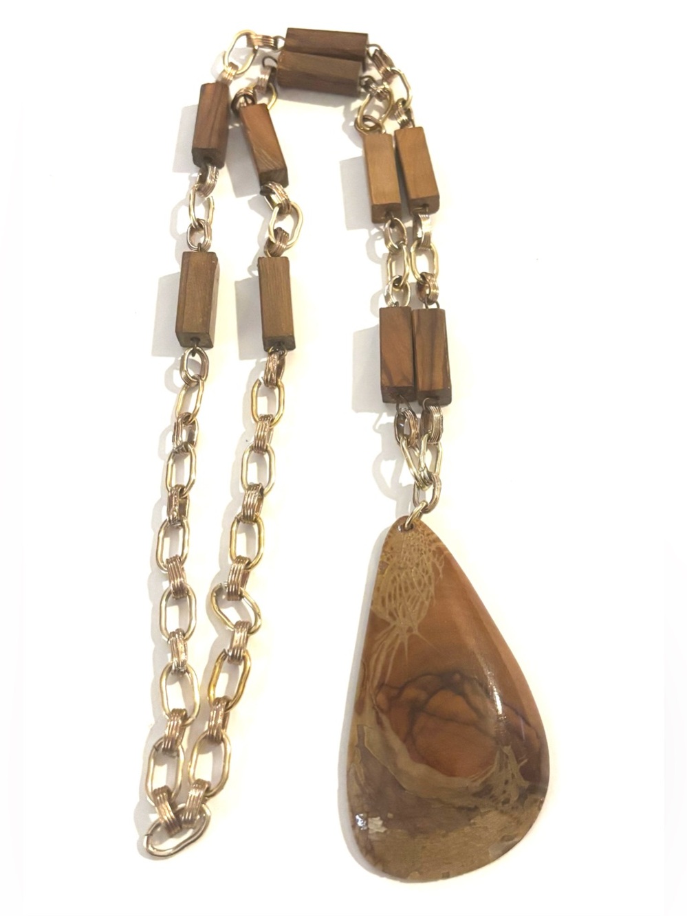 Gold-Tone Necklace with Brown Teardrop Pendant and Bead Accents